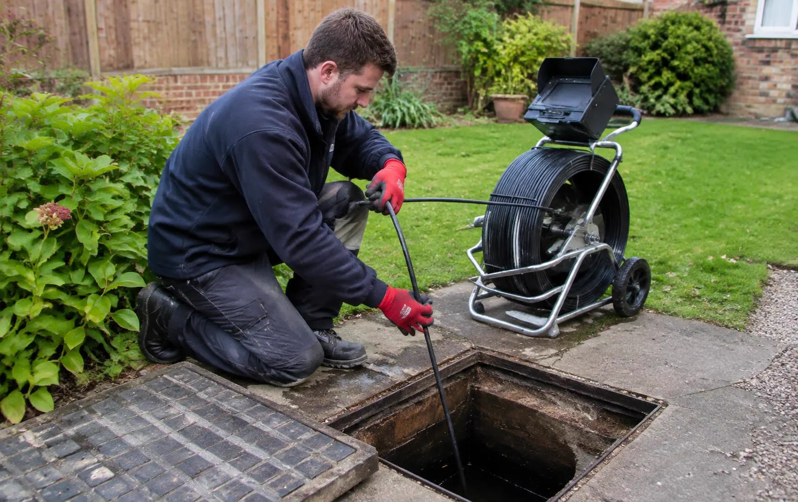 Engineer lowering a drain camera into a garden inspection chamber