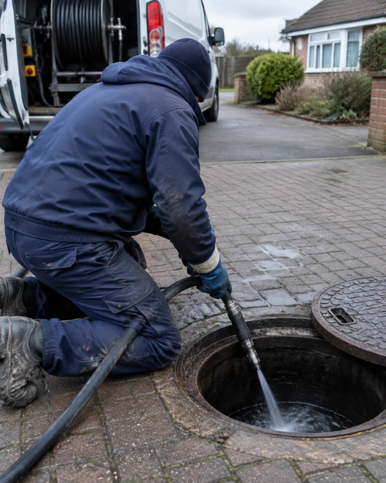 Engineer jetting an open drain chamber on a residential driveway